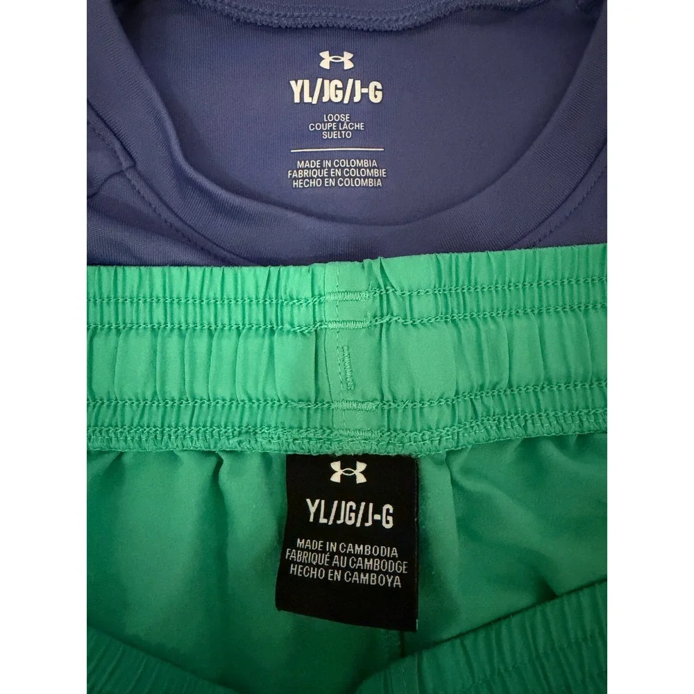 Under Armour Boys Blue Green Athletic Shirt Shorts Set - Youth Large